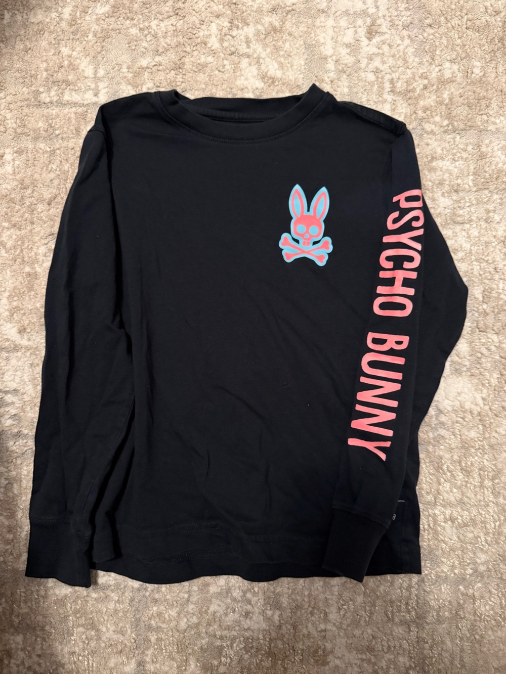 Psycho Bunny Black Long-Sleeve Tee with Pink Logo size S 7/8